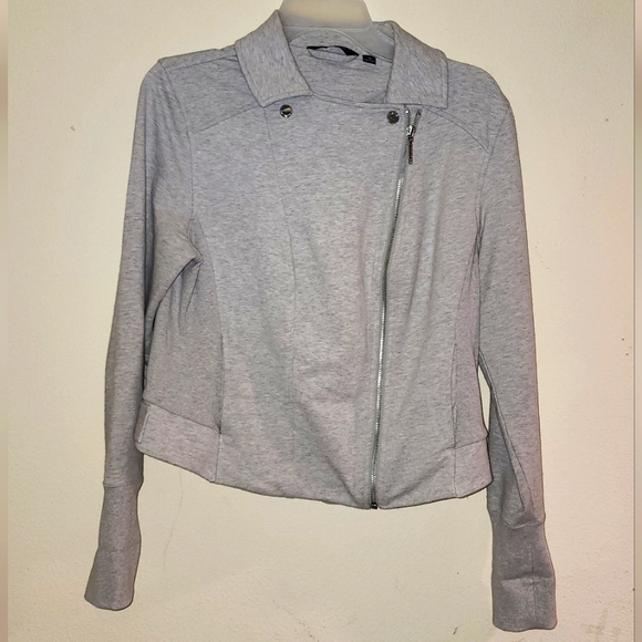 H by HALSTON- Gray Zip-Up Moto Sweater Jacket,  Size 12 - Picture 12 of 13
